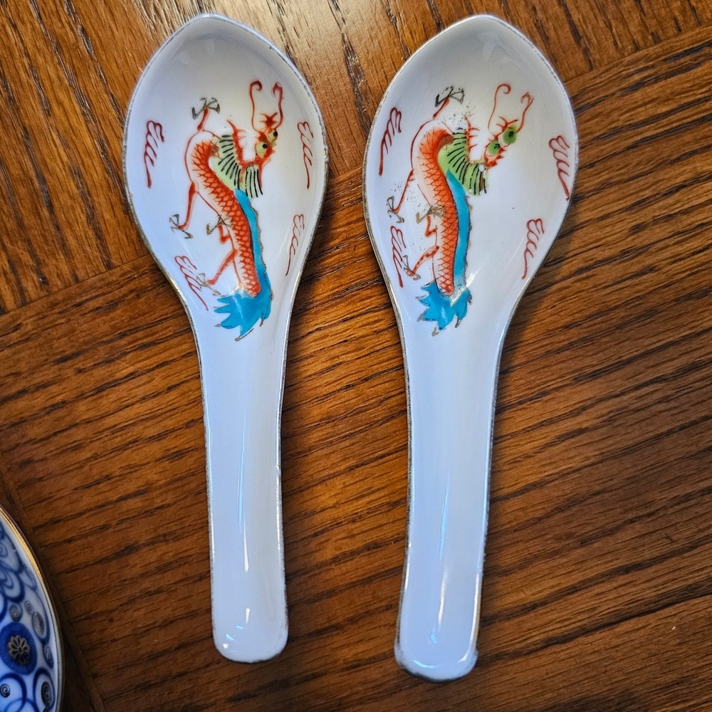 Vintage Made in Japan Porcelain Dragon Soup Spoons Set of 2 Red‎ Teal Gold Trim